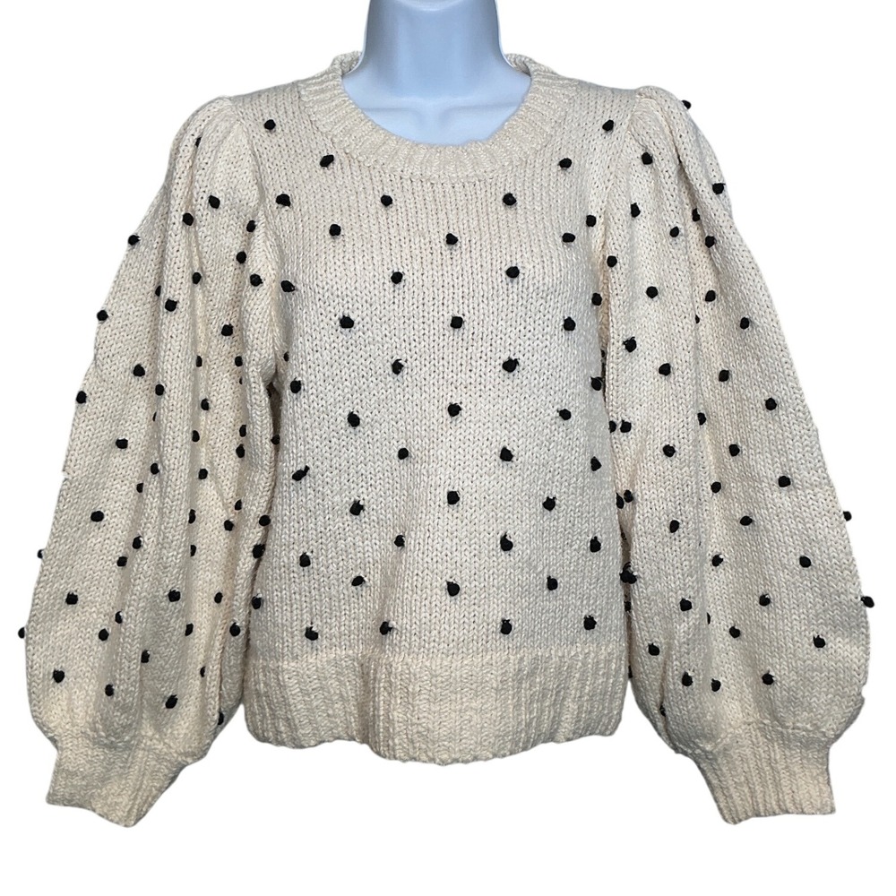 ULLA JOHNSON Womens Adalene Cream Black Pom Pom Puff Sleeve Cotton Sweater Sz M - Picture 2 of 11